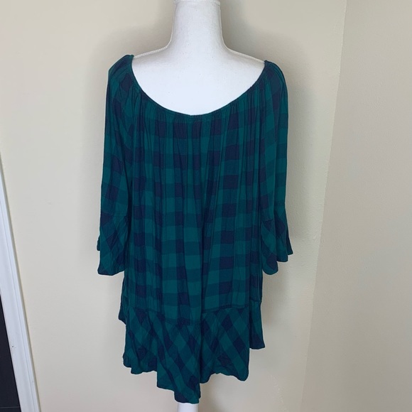 🌵🦆Off The Shoulder Blue/Green Plaid Blouse - Picture 2 of 4